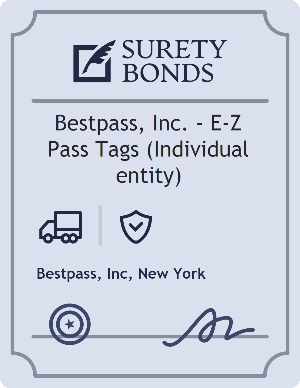 Surety bond badge for Bestpass, Inc. - E-Z Pass Tags (Individual entity)