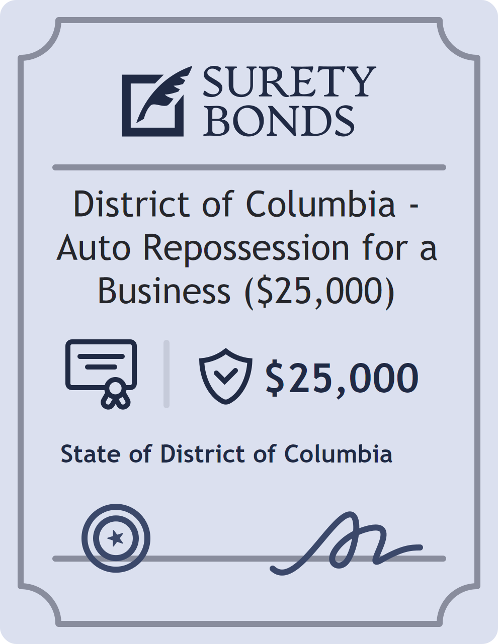 District of Columbia - Auto Repossession for a Business ($25,000) surety bond badge