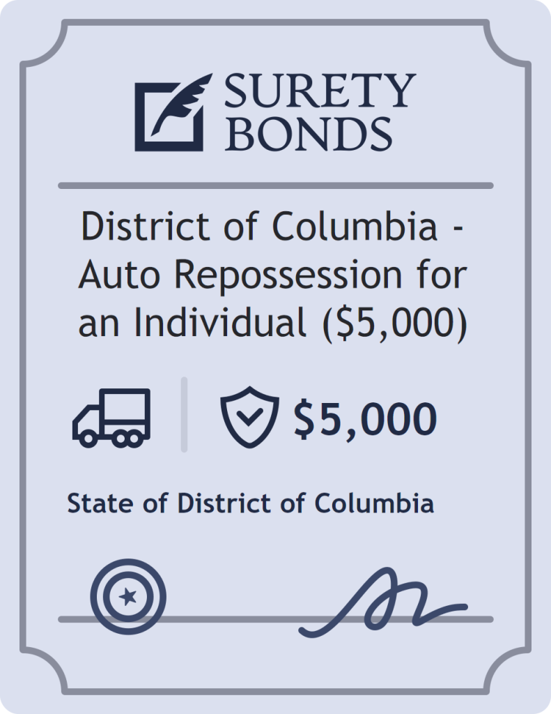 District of Columbia - Auto Repossession for an Individual ($5,000) surety bond badge