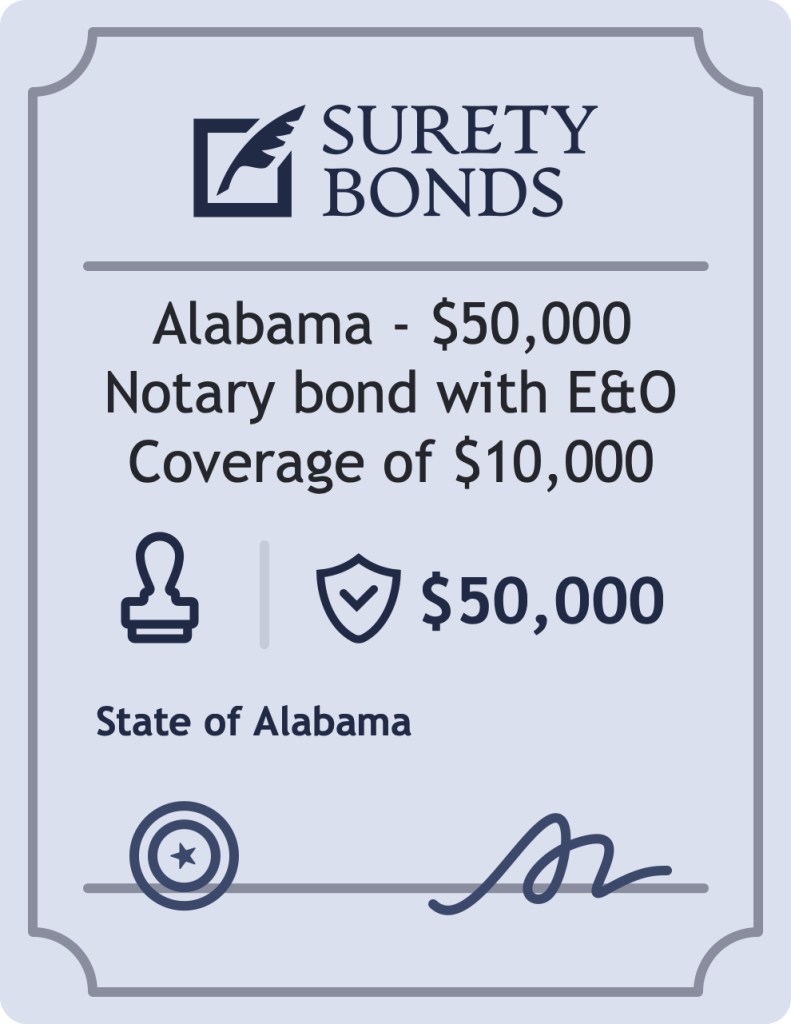 Surety bond badge for Alabama - $50,000 Notary bond with E&O Coverage of $10,000