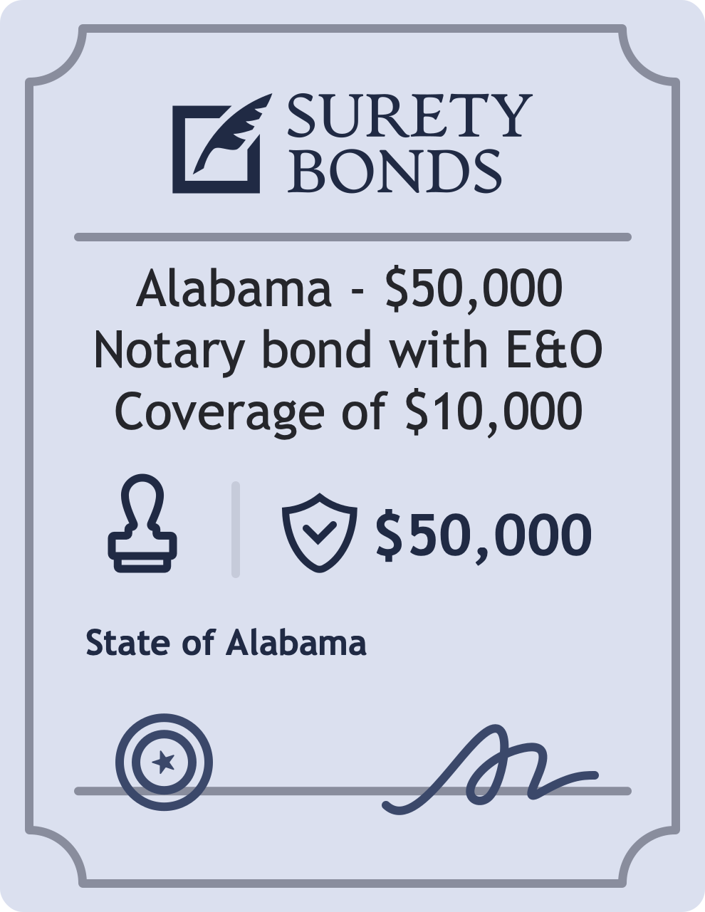 Surety bond badge for Alabama - $50,000 Notary bond with E&O Coverage of $10,000